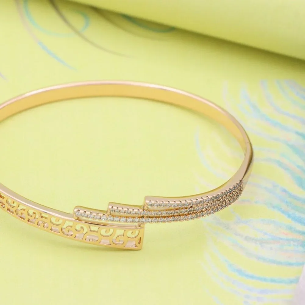 Rose Gold Bangle with Cutout Scroll Design and Triple Row Stones, XPBL0526 - Picture 5 of 12